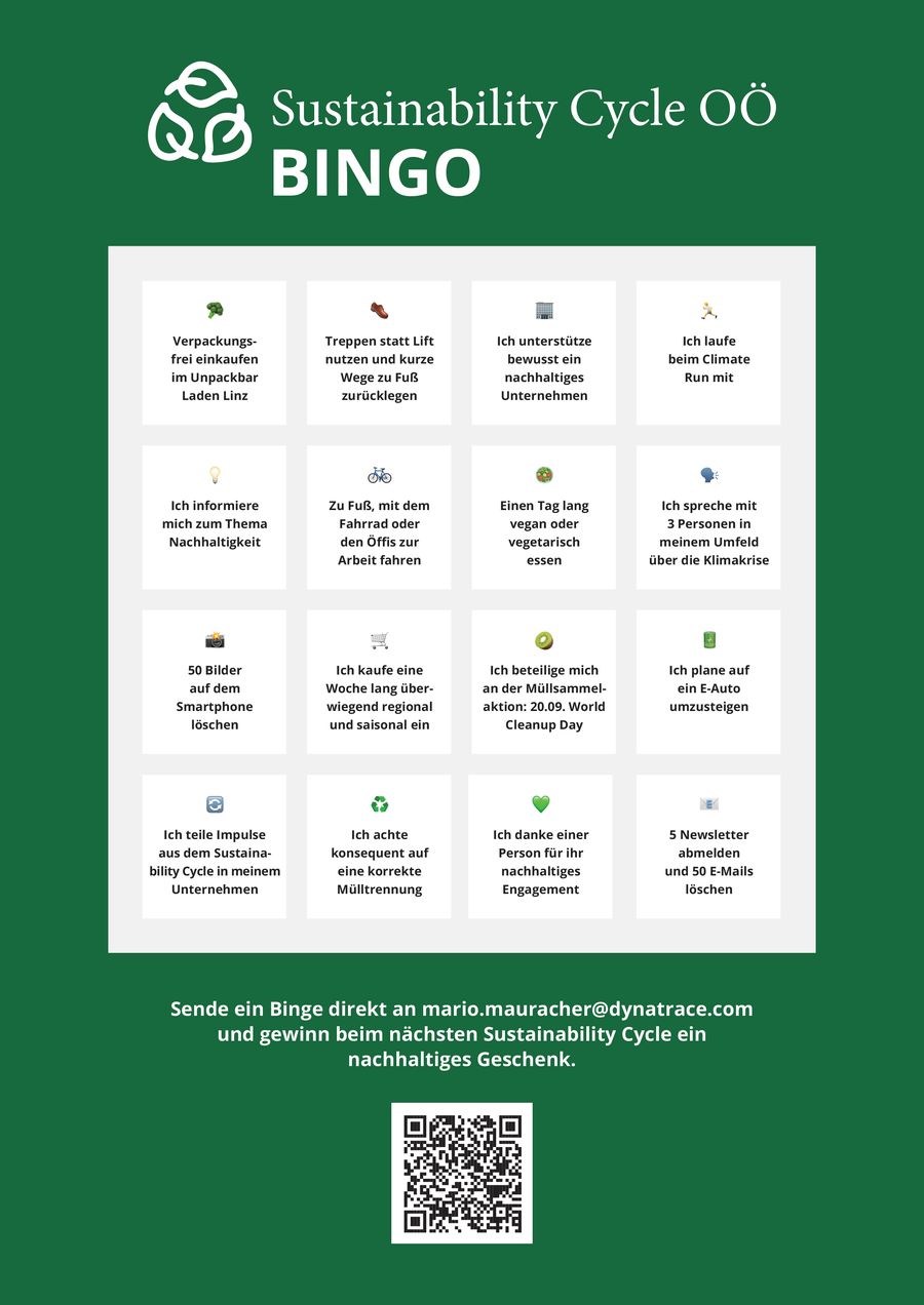 Sustainability Bingo herunterladen – Druckvorlage mit allen 16 Feldern und QR-Code
